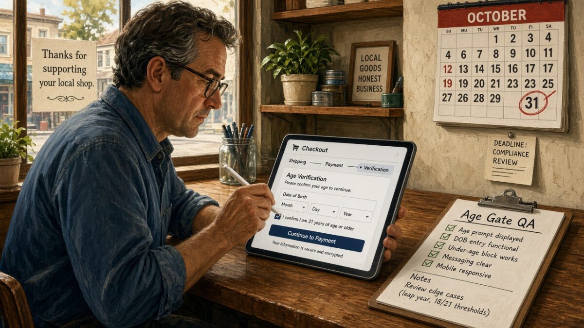 Store operator testing an age verification step on a tablet checkout beside an Age Gate QA checklist