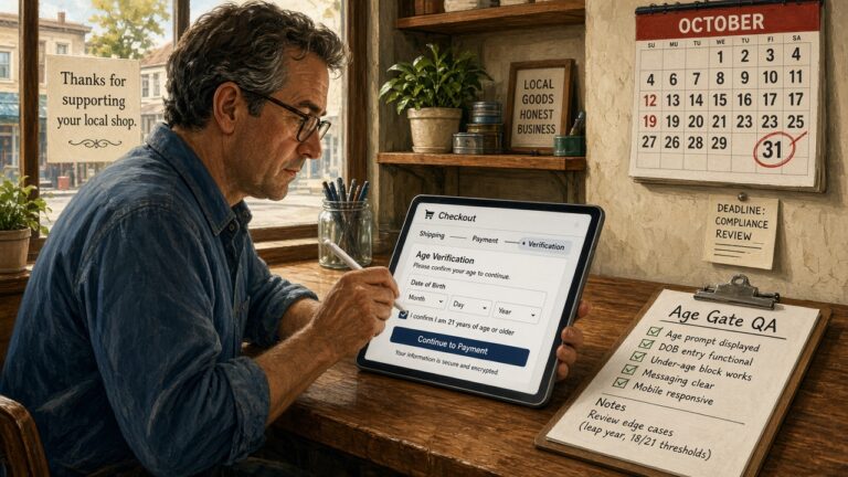 Store operator testing an age verification step on a tablet checkout beside an Age Gate QA checklist